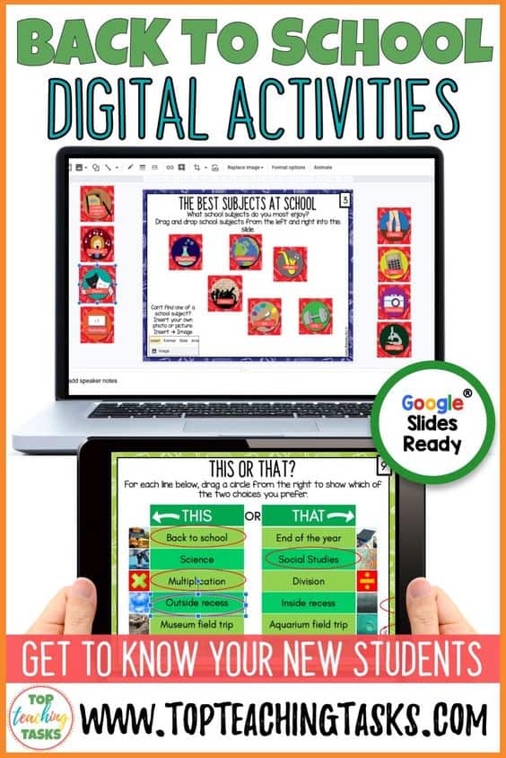 Back to School Digital Activities. Go paperless with our "Getting to know you" digital activities for Google Classroom. Start off the Back to School season in style with these dynamic, engaging and interactive activities - great for first day of school activities. Get to know your elementary students and learn about their thoughts, feelings, and favorites with this great “All About Me” activity! The purpose of this resource is to capture who your students are right now and to get to know your students from day 1.