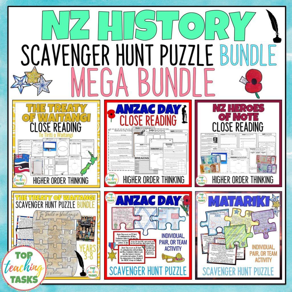 Highlight important moments and people from New Zealand’s history with our New Zealand History Reading Comprehension mega bundle! This features differentiated Reading Comprehension passages and questions with higher order thinking activities based on THREE topic areas: The Treaty of Waitangi and Waitangi Day, Anzac Day and NZ Heroes of Note. Also, receive a FREE resource on the New Zealand Land Wars. This mega bundle also features three scavenger hunt puzzle posters: The Treaty of Waitangi, Anzac Day and Matariki.