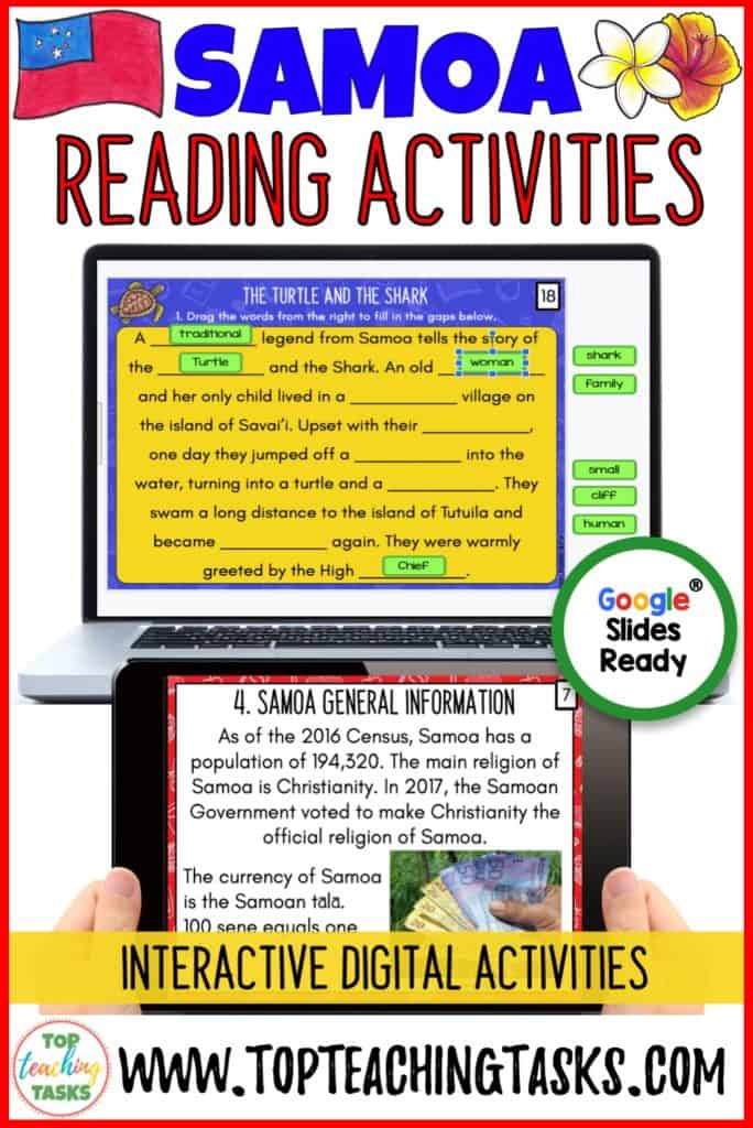 Samoa Digital Reading Activities. Engage your students in the study of Samoa with our paperless Samoa Digital Reading Comprehension Activity. Your students will learn about the geography, history, language, and culture of the Pacific nation of Samoa. Distance Learning Samoan Language Week. Great for Samoa Language Week. 