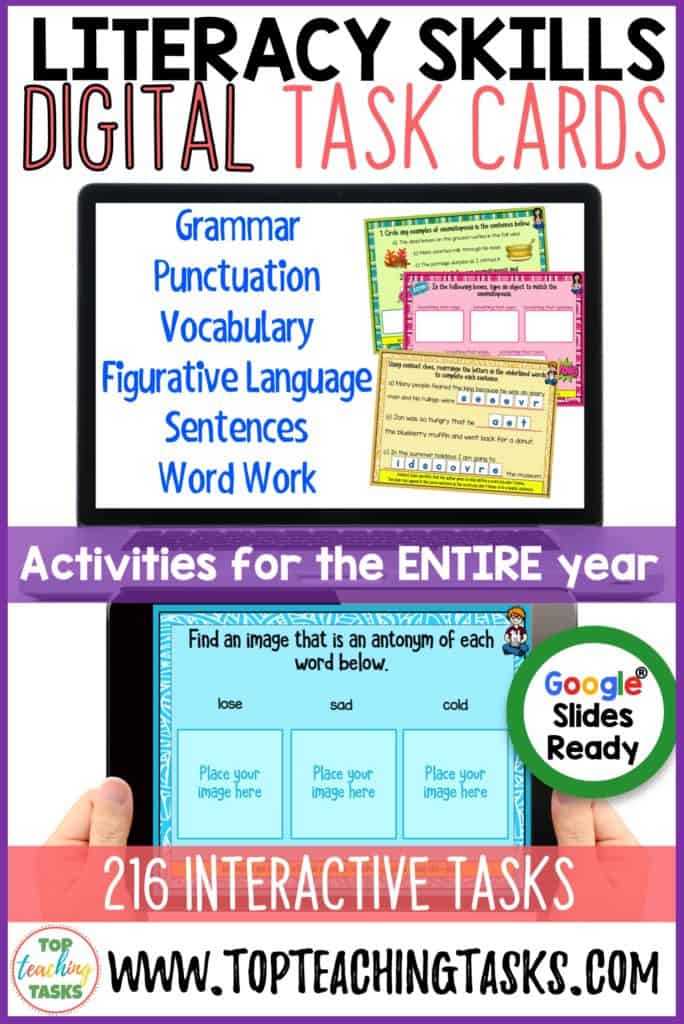 Digital Grammar and Punctuation Task Cards. Cover the literacy skills of figurative language, vocabulary, parts of speech and punctuation with our Grammar and Language Digital Task Cards. Choose the slides that suit you and differentiate as you choose. Suitable for a range of digital devices including iPads, desktops, laptops, Chromebooks and iPads.