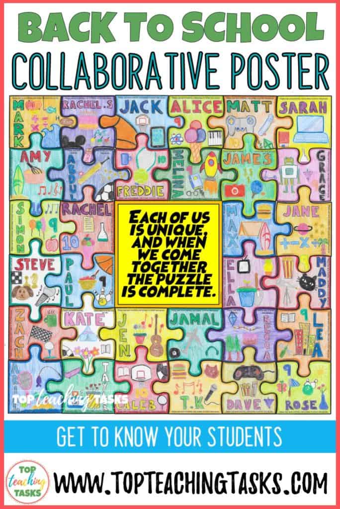 Getting to know you collaborative puzzle. Start off the Back to School season in style with this dynamic, engaging and collaborative activity - great for first day of school activities. Get to know your students with this great “All About Me” activity! Students create a collaborative jigsaw puzzle that serves as a visual introduction of each child while also reinforcing the ideas of teamwork and classroom unity. Display the amazing puzzles on a back to school bulletin board to wow your school community.