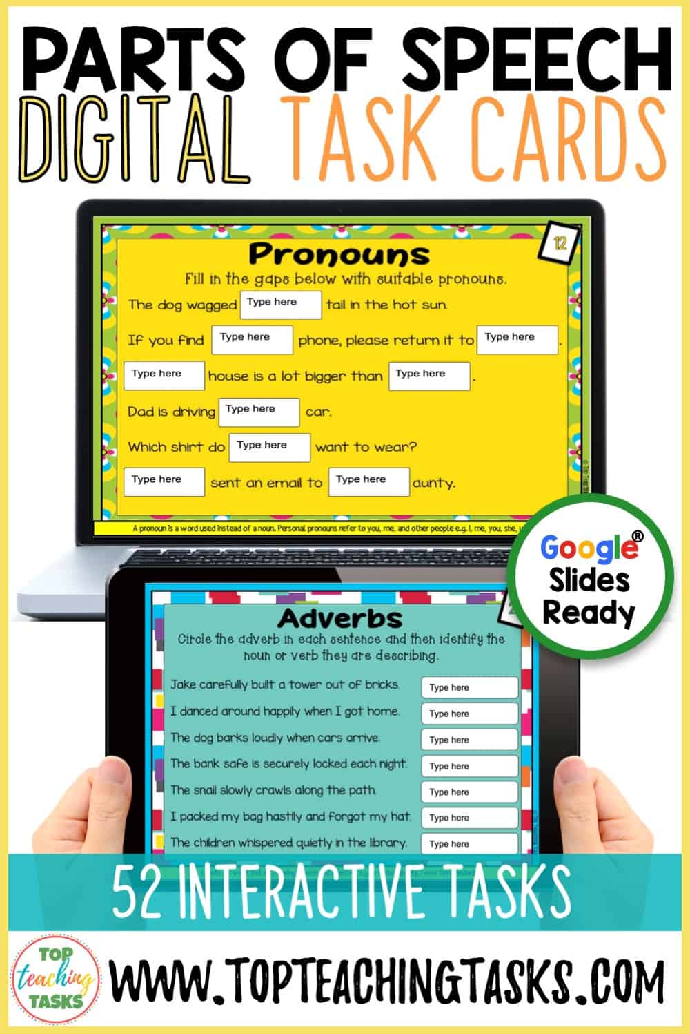 Parts of Speech Digital Resources. Go paperless with our Google Slides-ready Parts of Speech Digital resource! These activities feature 52 interactive slides for students to work through. Learn and practice using nouns, pronouns, proper nouns, adverbs, adjectives, conjunctions, prepositions, relative pronouns, relative adverbs, modal auxiliary verbs and prepositional phrases. Develop your students’ understanding of the important parts of speech. Educational Technology. Mobile Learning. Google Resource. 