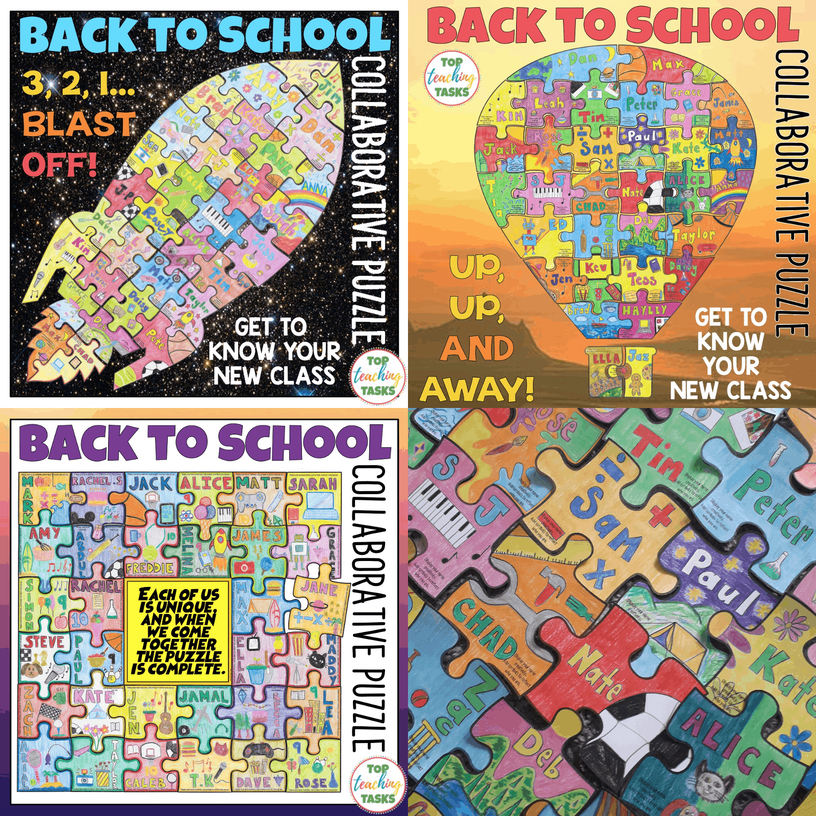 Back to School Collaborative Puzzle. I highly recommend our Getting To Know You Collaborative activity – great for the first few days of school. Students create a collaborative jigsaw puzzle that serves as a visual introduction of each child while also reinforcing the ideas of teamwork and classroom unity. Display the amazing puzzle to wow your school community.