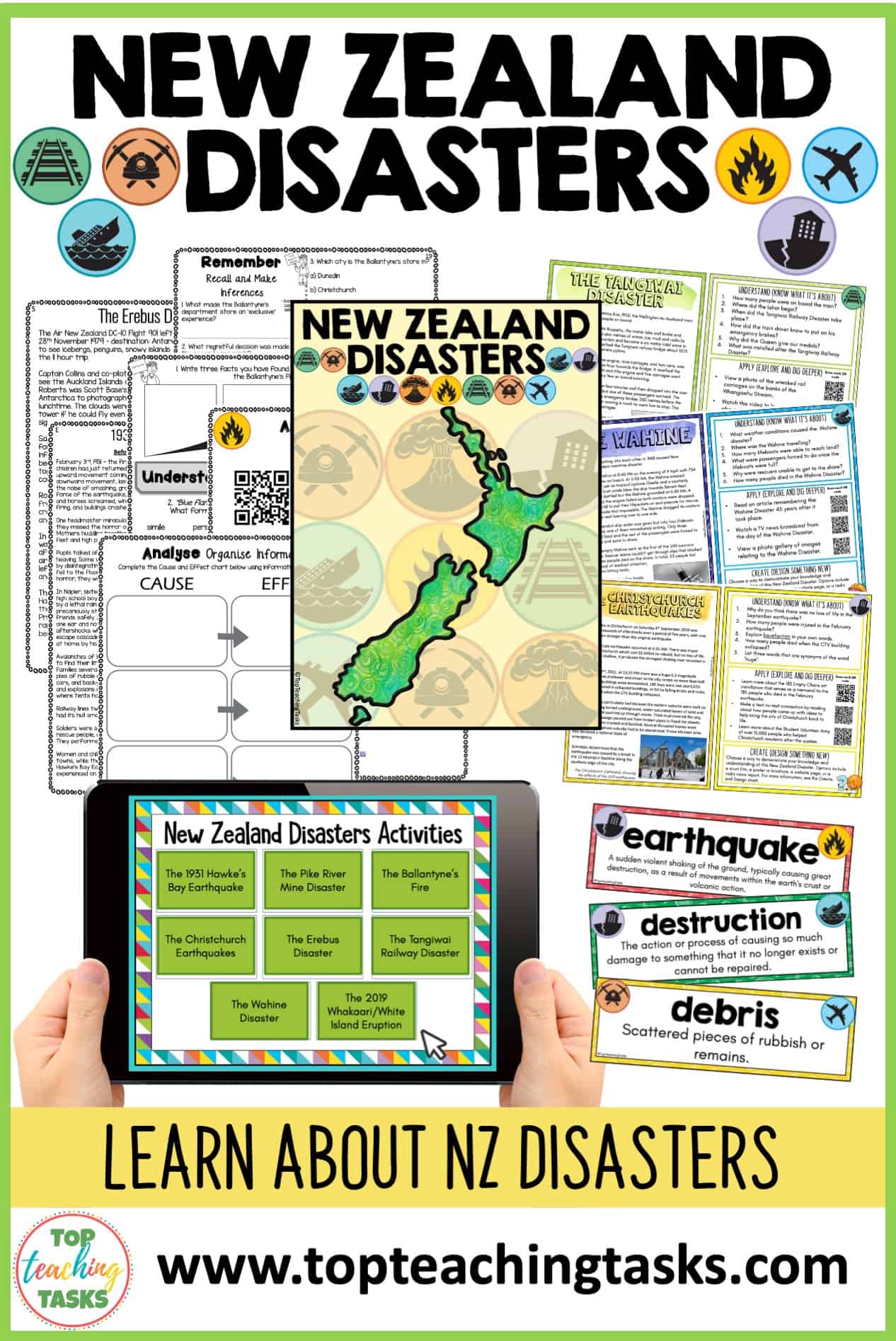 New Zealand Disasters. Explore some of the most devastating disasters in New Zealand's history. In this New Zealand Disasters Unit, students will learn about eight historic and recent disasters and their effect upon Aotearoa. Through a range of activity options, students will extend their knowledge of these events, apply this knowledge by exploring digital links, and put their own design skills to the test with creative challenges. Passages are included for a range of ability levels so this resource can work with Year 4 to Year 8 and to provide differentiation.