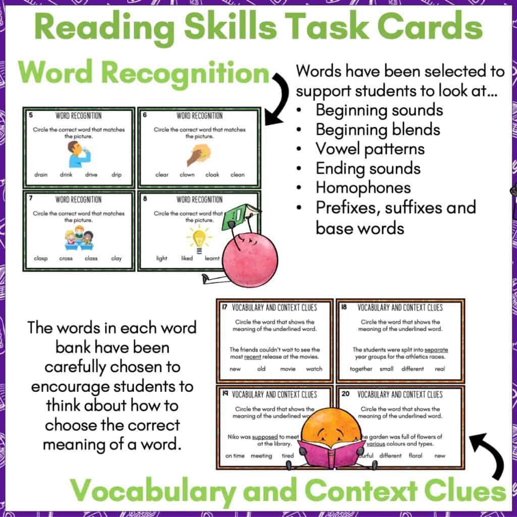 Reading Skills Task Cards and Teaching Tools Word Recognition and