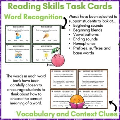 Reading Skills Task Cards and Teaching Tools - Word Recognition and ...