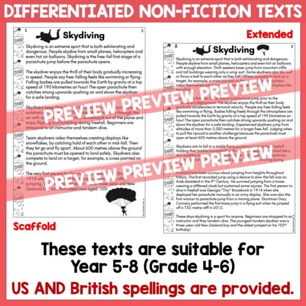 Skydiving Reading Comprehension Passage and Activities 2 Skydiving Reading Comprehension Passage and Activities 2