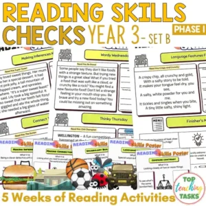 Reading Skills Checks Year 3 Food, Natural Disasters, Sports, Insects and Vehicles