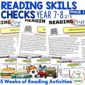 Reading Skills Checks Set B Y7-8 Food, Natural Disasters, Sports, Insects and Vehicles