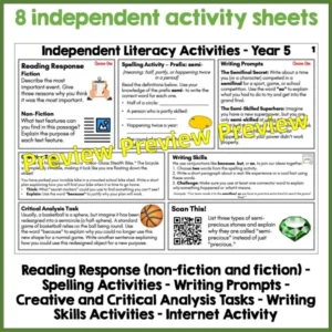 Independent Literacy Activities Year 5 Set One a