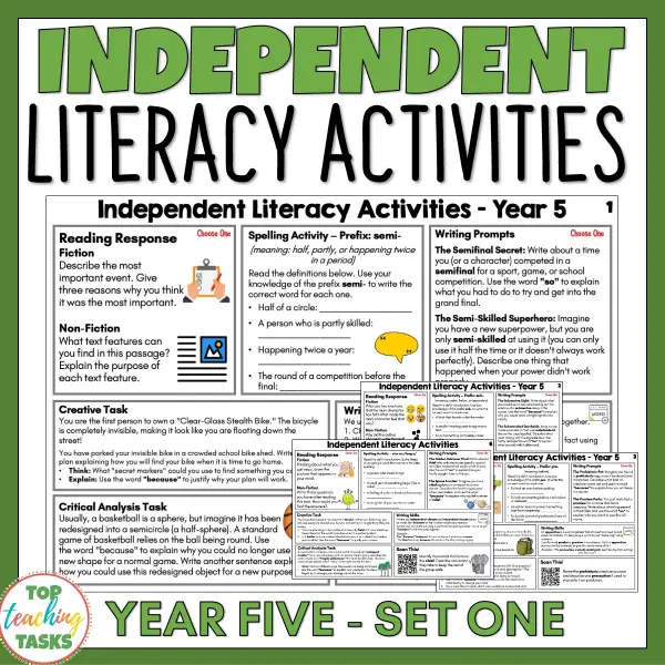 Independent Literacy Activities Year 5 Set One Independent Literacy Activities Year 5 Set One