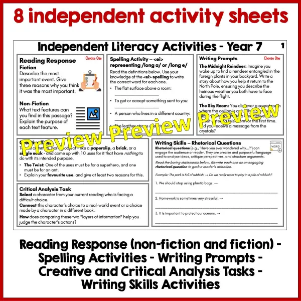 Independent Literacy Activities Year 7 Set One a Independent Literacy Activities Year 7 Set One a