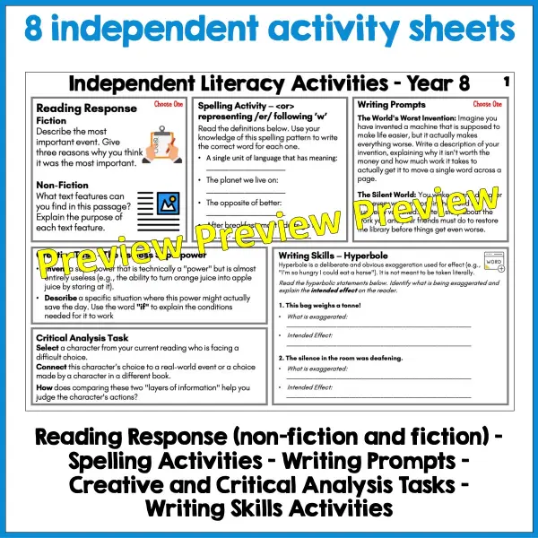 Independent Literacy Activities Year 8 Set One a Independent Literacy Activities Year 8 Set One a