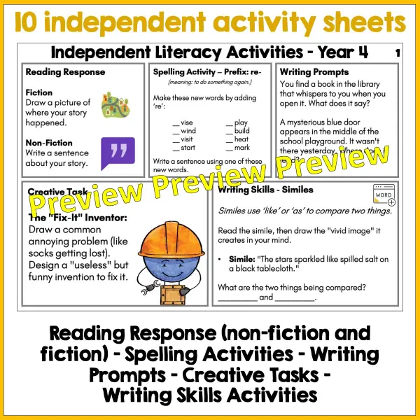 Independent Literacy Skills Activities Year 4 a Independent Literacy Skills Activities Year 4 a